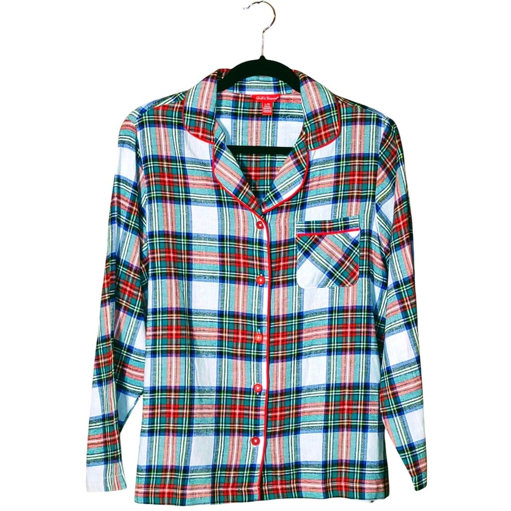 100% Cotton Womens Tratan Plaid Pajama Top Red Green Blue White Holiday - Size L